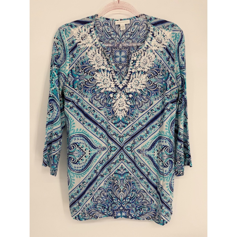 Charter Club Womens Blue Paisley Crochet Lace V-Neck 3/4 Sleeve Rayon Tunic Sz S